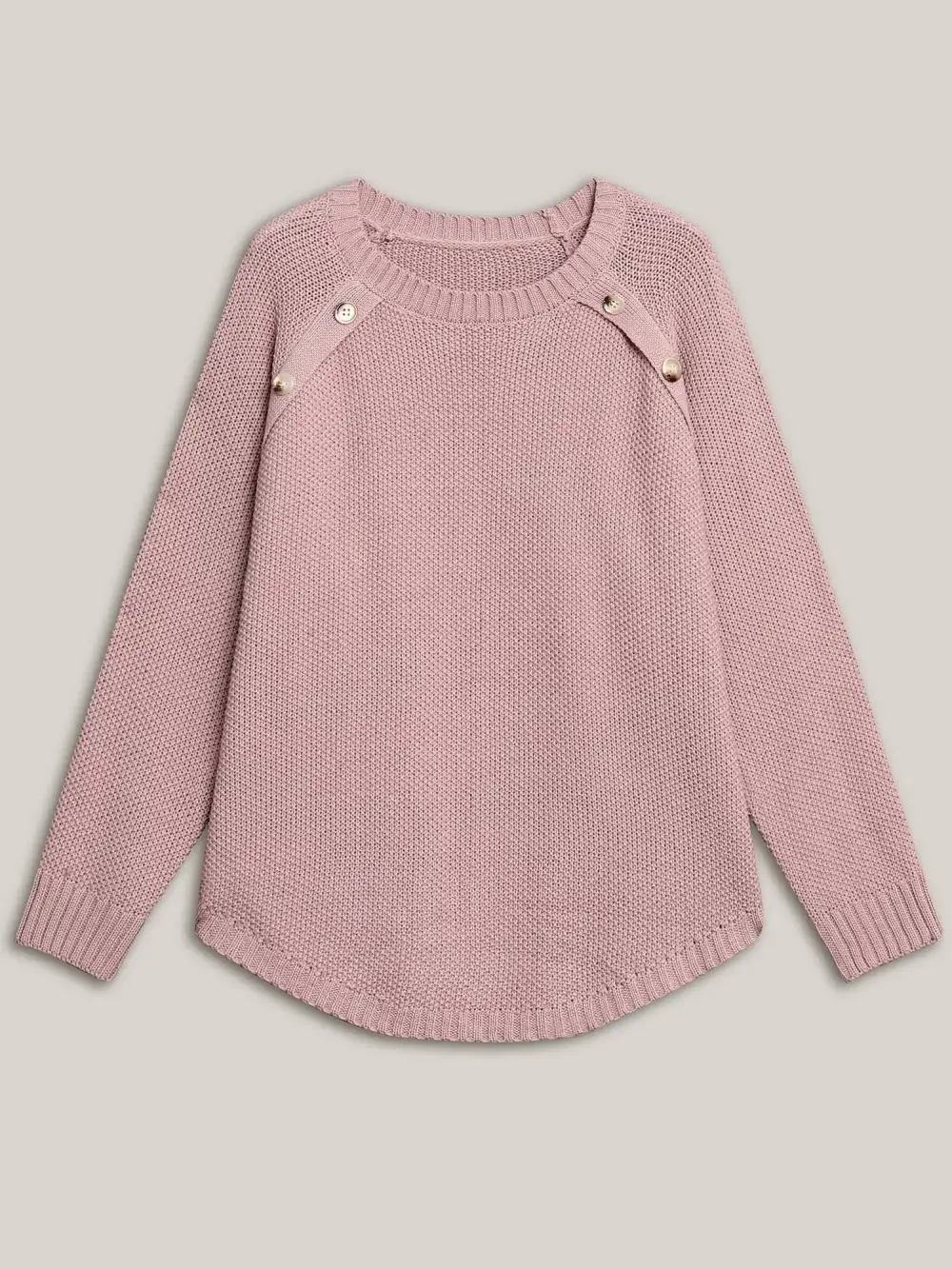 Plain Textured Button Detail Curved Hem Pullover