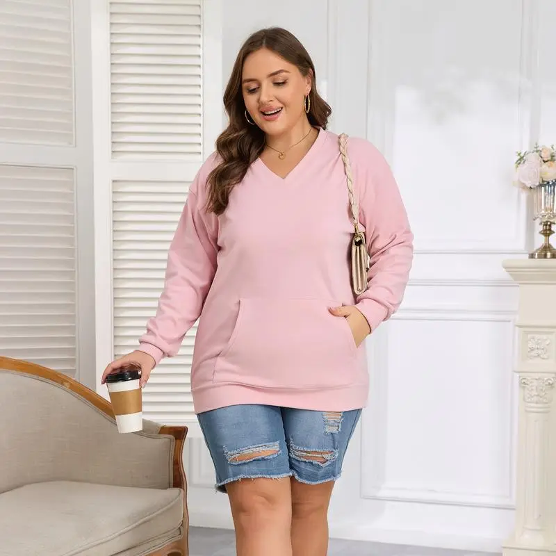 Women's Hoodless V-neck Sweatshirt With Kangaroo Pocket Fleece Longsleeve Oversized Casual Style Shirt