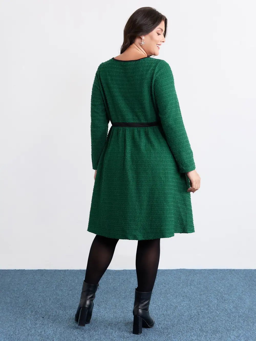 Tweed Stretchy Waist Color Contrast Midi Dress