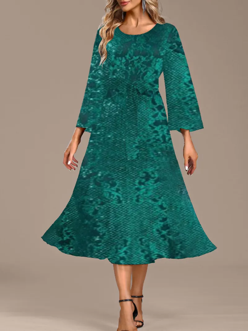 Autumn and winter green long sleeve waist loose swing satin material dress