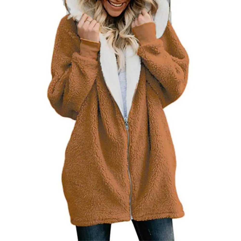Women Long Sleeve Hoodie For Jacket Fuzzy Plush Full Zip Loose Pockets Outwear Coat