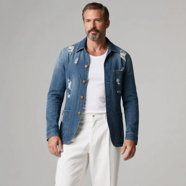 Men's Shirt Collar Long Sleeve Pockets Single Breasted Ripped Denim Coat