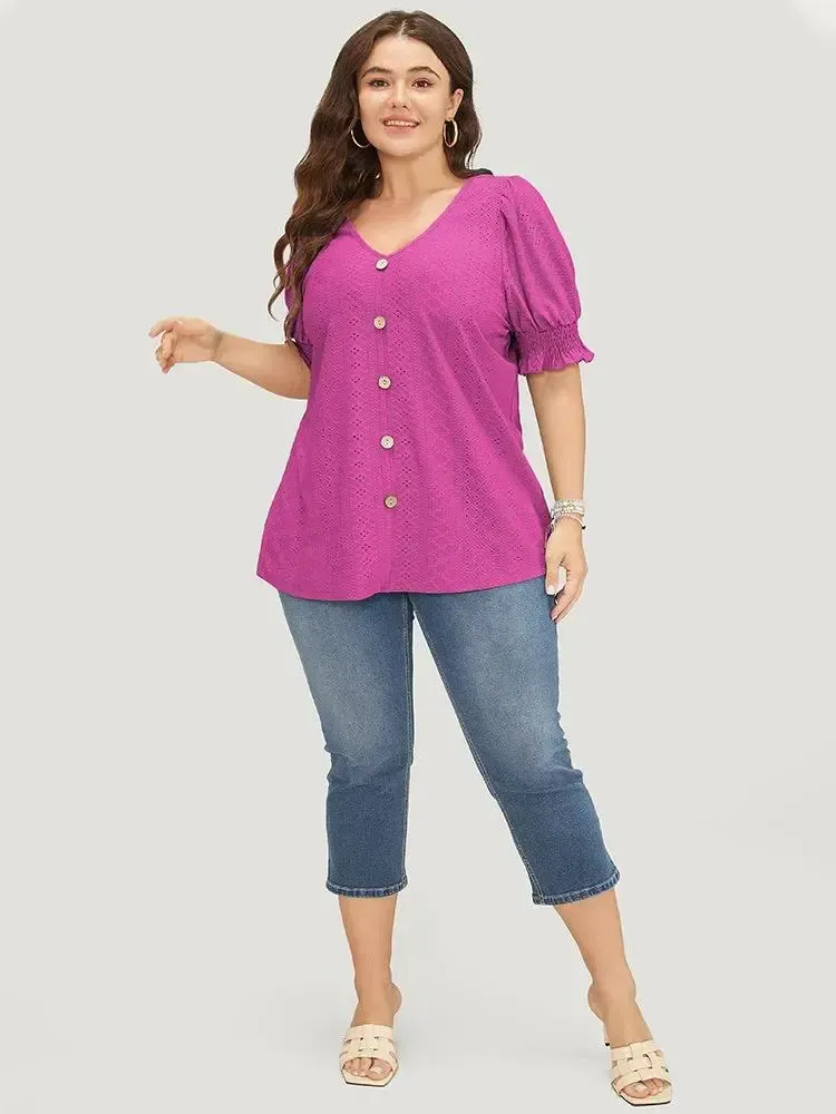 Plain Broderie Anglaise Shirred Puff Sleeve Button Detail T-shirt