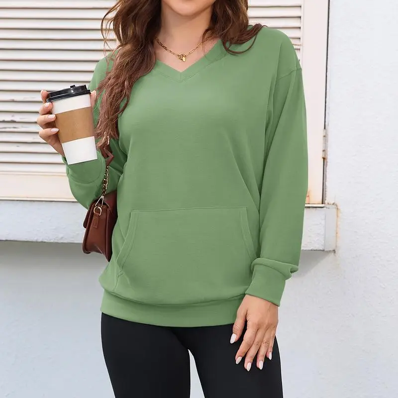 Women's Hoodless V-neck Sweatshirt With Kangaroo Pocket Fleece Longsleeve Oversized Casual Style Shirt