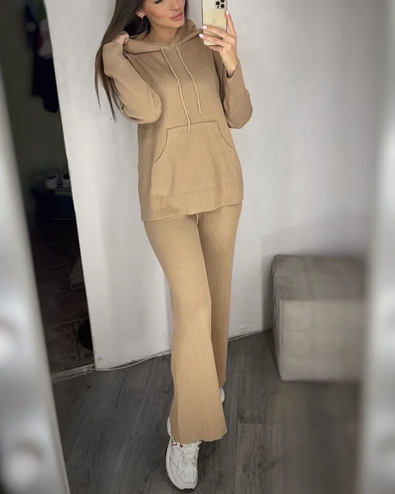 Fashion solid color loose hooded knitted two-piece set
