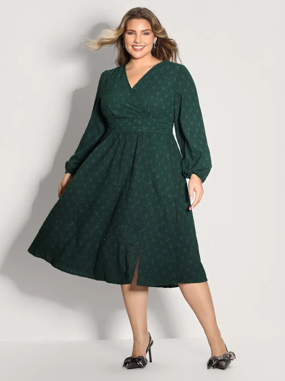 Woven Pleated Waist-Defining Wrap Midi Dress