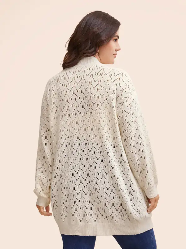 Kimono Collar Patch Pocket Pointelle Knit Cardigan