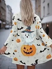 Halloween Women's Coat Lightweight Comfortable Pumpkin Print Vintage Artistic Casual Skull Casual Long Collarless Regular Fit Long Sleeve Outerwear Black White Pink Spring Fall