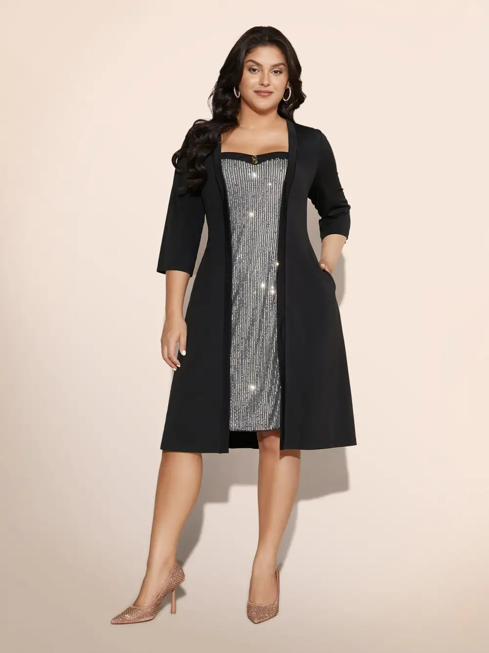 Heart Neckline Patchwork Sequin Button Detail Dress