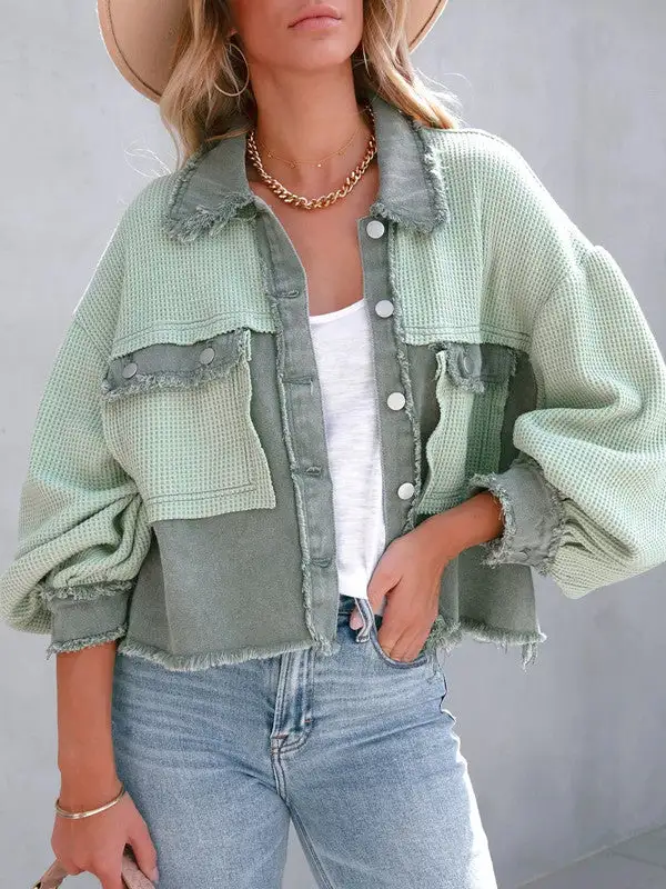 Waffle Patchwork Buttons Wash Jacket