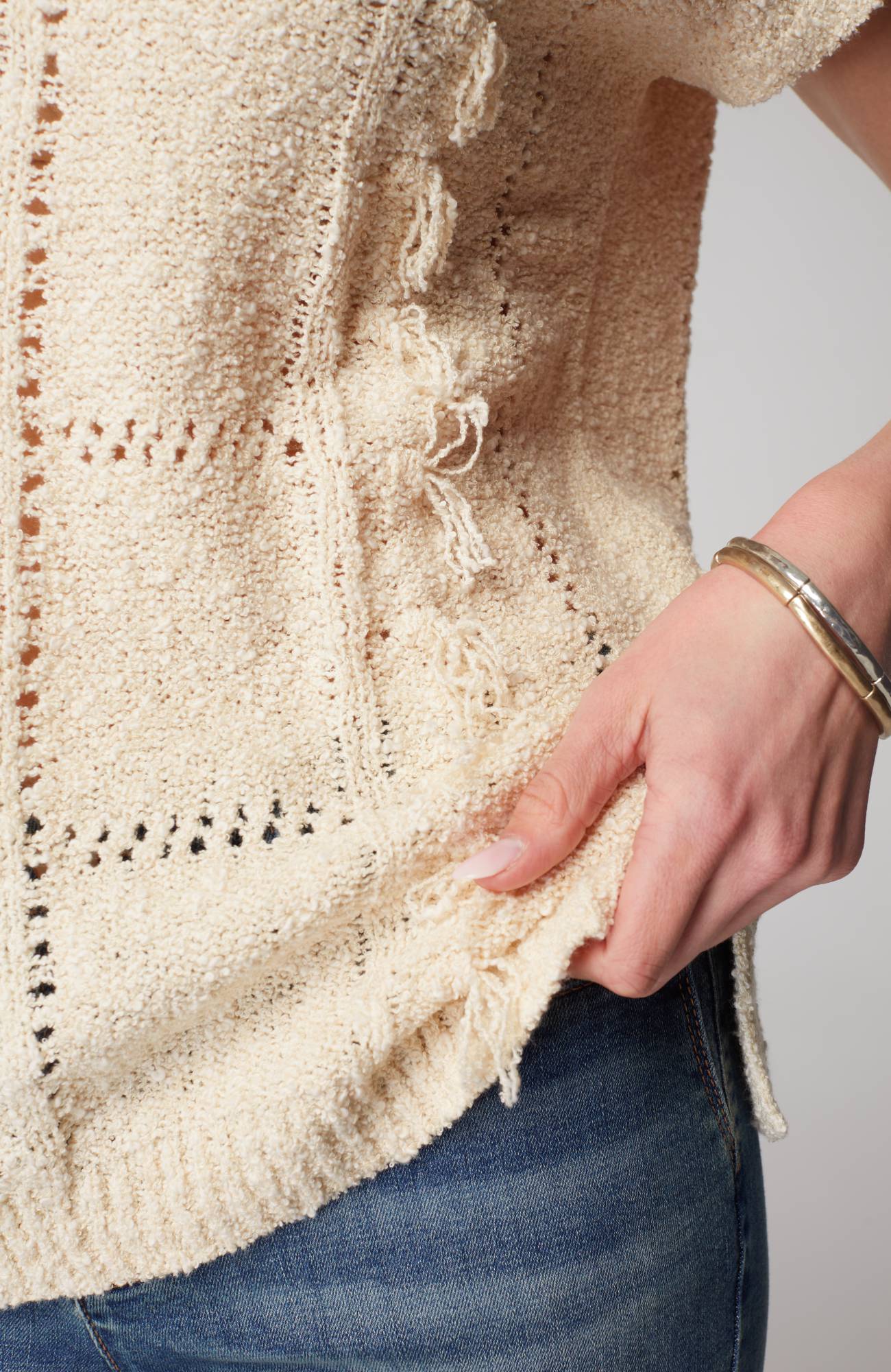 Fringed Open-Texture Short-Sleeve Sweater