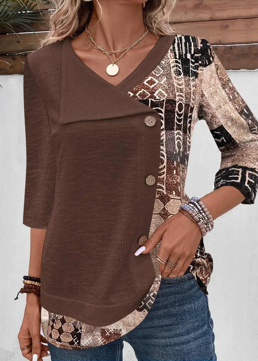 Patchwork Floral Print V Neck T Shirt