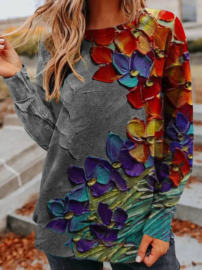 Crew Neck Floral Casual Sweatshirt
