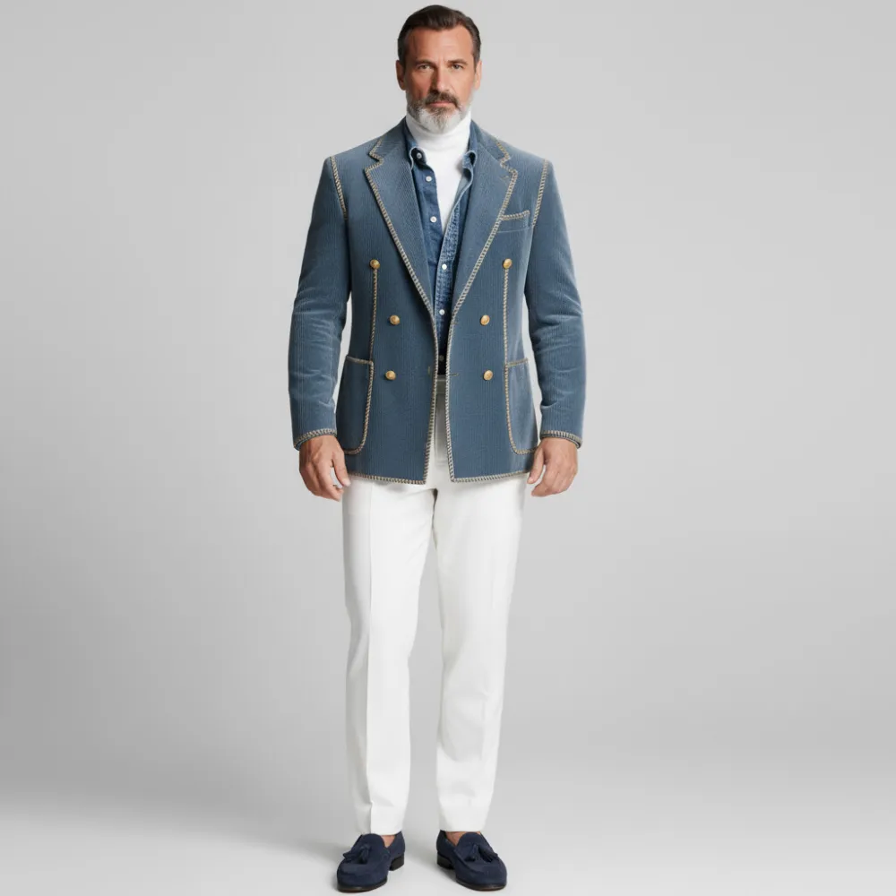 Men's Blue Corduroy Notch Lapel Double Breasted Long Sleeve Contrast Trim Patch Pocket Blazer