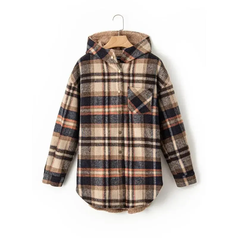 Flannel Hooded Plaid Shacket - Button-Down Thick Fleece-Lined Fuzzy Winter Coat
