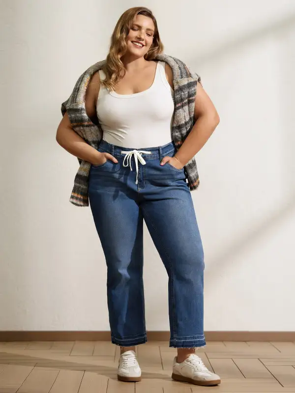 Drawstring Frayed Hem Straight-Leg Jeans