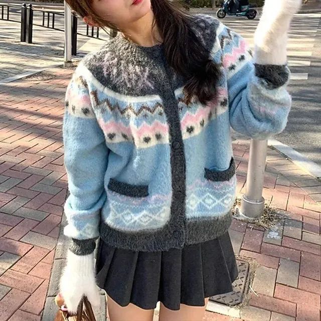 Women's Sweater Cardigan Fair Isle Sweater Vintage Fashion Streetwear Geometric Crew Neck Buttons Knitted Long Sleeve Regular Tops Knit Outdoor Daily Weekend Blue Fall Winter