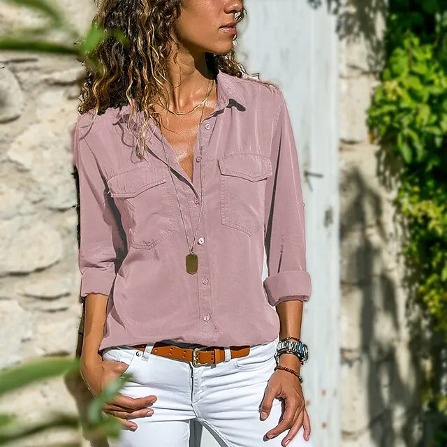 Women's Shirt Blouse Pocket Lapel Collor Long Sleeve Women‘s Clothing Solid Color Daily Basic