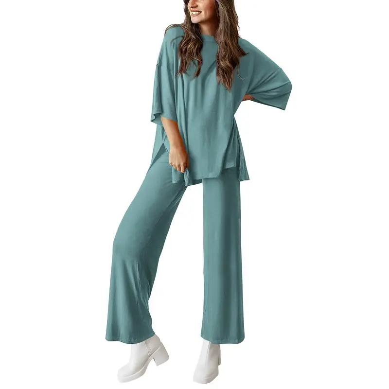 Women's 2-Piece Lounge Set – Short Sleeve Top & Split Hem Wide Leg Pants