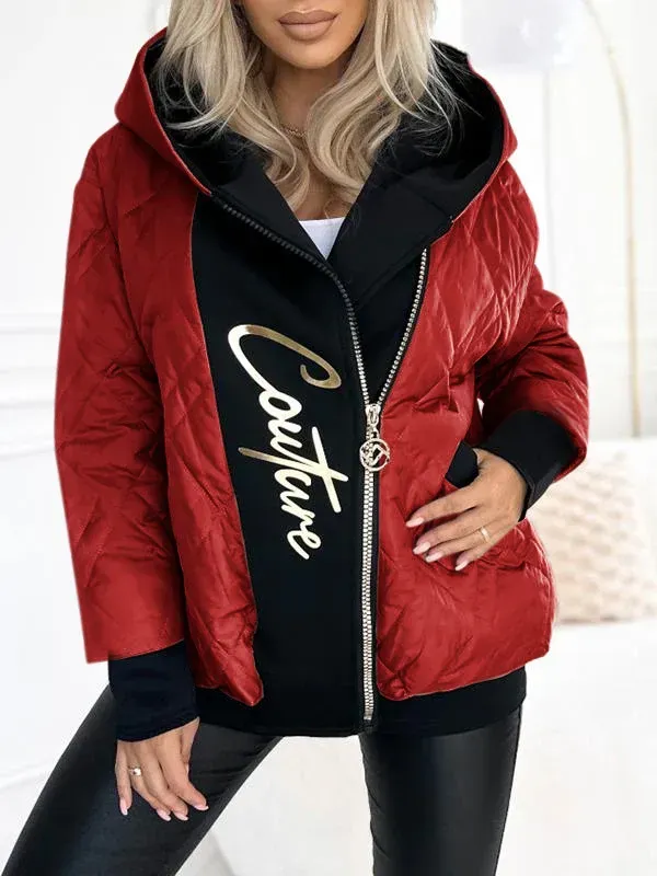 Women's Hooded Zipper Stitching Contrast Color Letter Print Casual Coat