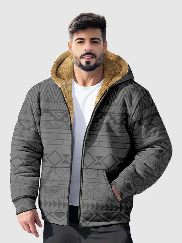 Men's Retro Ethnic Fleece Zip Printed Hoodie Jacket