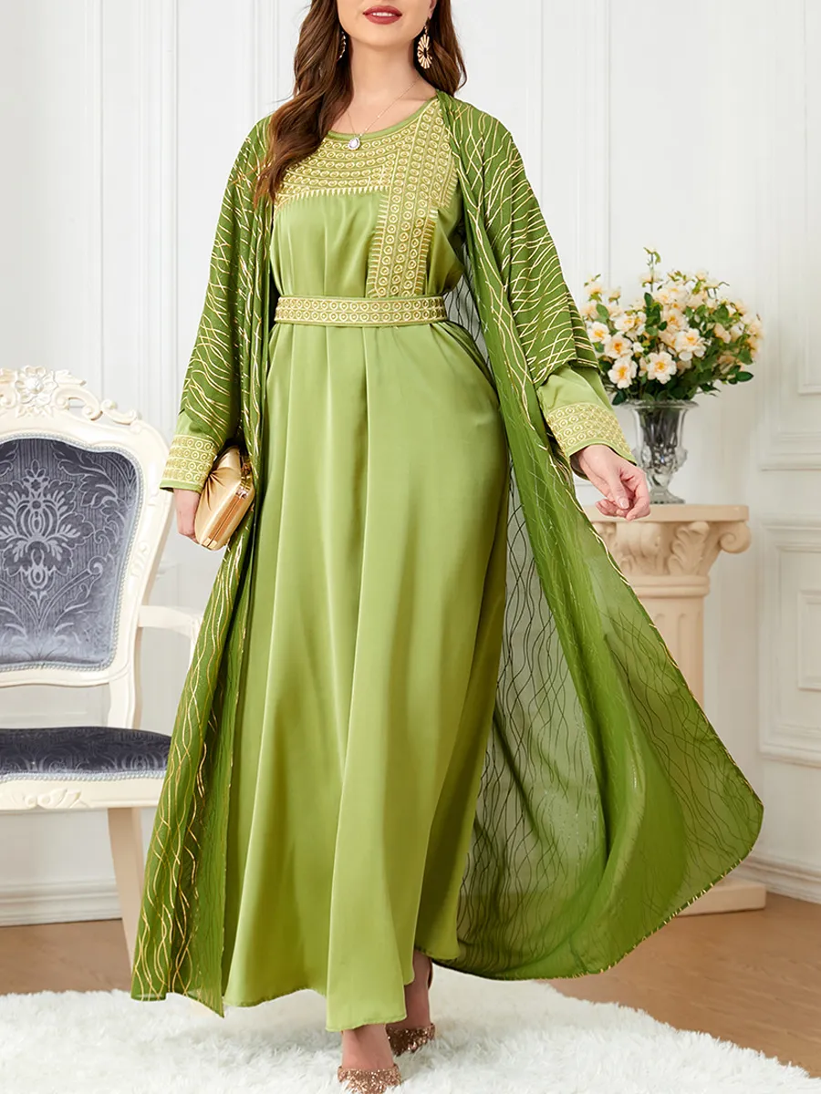 Round neck embroidery and gold stamping long sleeved dress cardigan two-piece set