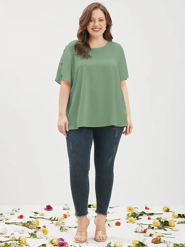 Plain Round Neck Button Detail Blouse