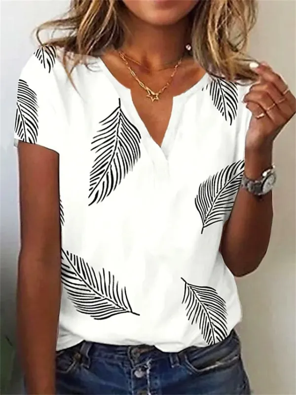 Women's T shirt Tee Henley Shirt Leaf Holiday Weekend White Pink Navy Blue Print Short Sleeve Basic V Neck Regular Fit