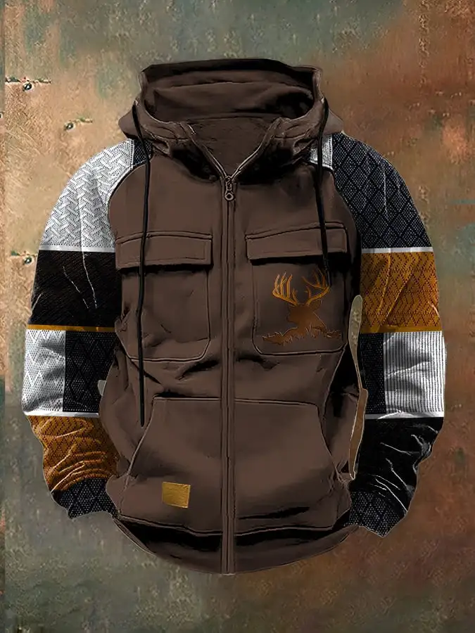 Men's Casual Retro Western Contrast Color Zipper Multifunctional Jacket