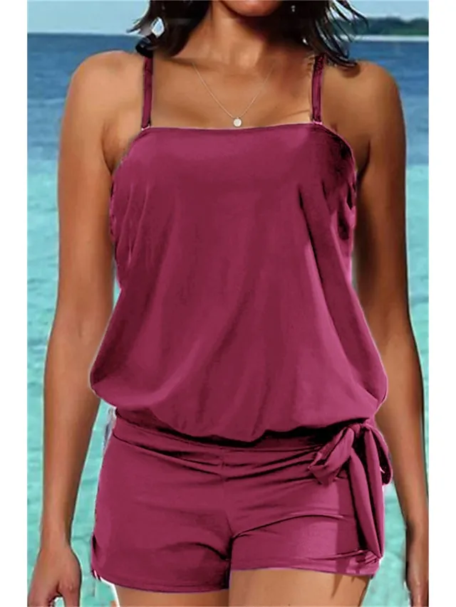 Women's Swimwear Tankini 2 Piece Normal Swimsuit 2 Piece High Waist Open Back Pure Color Green Black Blue Purple Dusty Blue Camisole Padded Strap Bathing Suits New Vacation Holiday / Modern