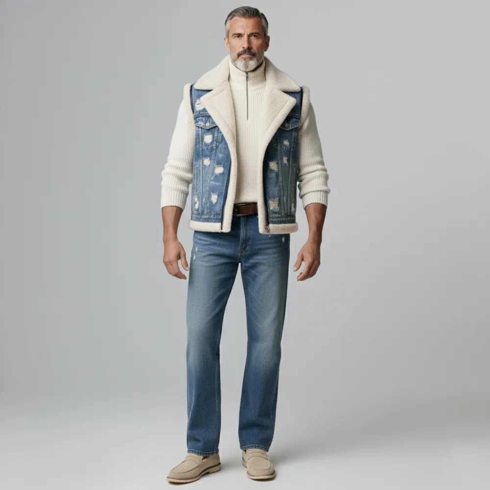 Men's Blue Notched Lapel Ripped Denim Plush-Lined Zipper Vest