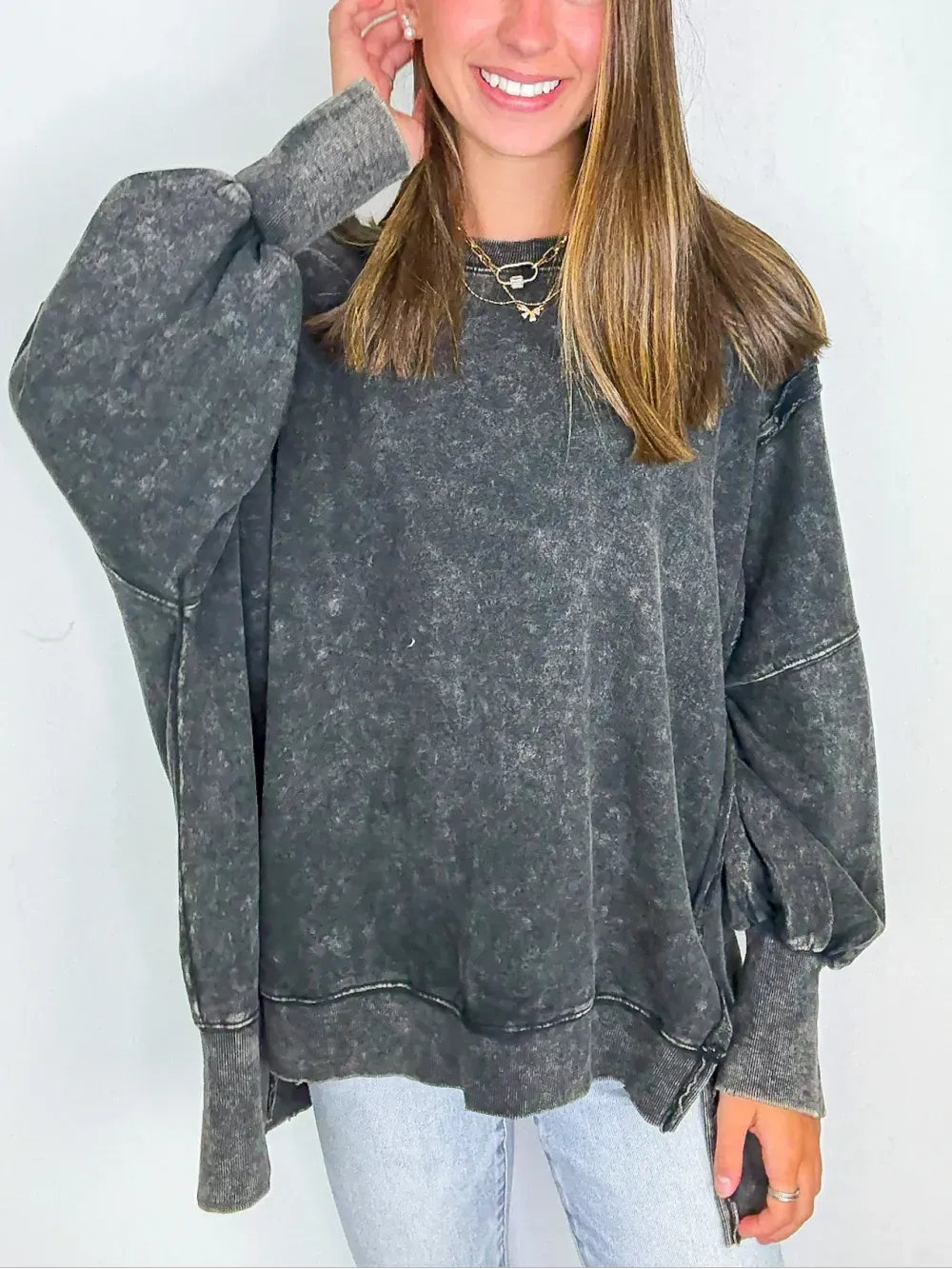 ✨Womens Acid Wash Split Cuff Oversized Crew Pullover