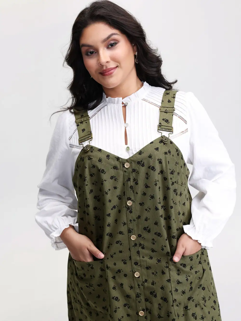 Floral Print Textured Overall Adjustable Midi Dress