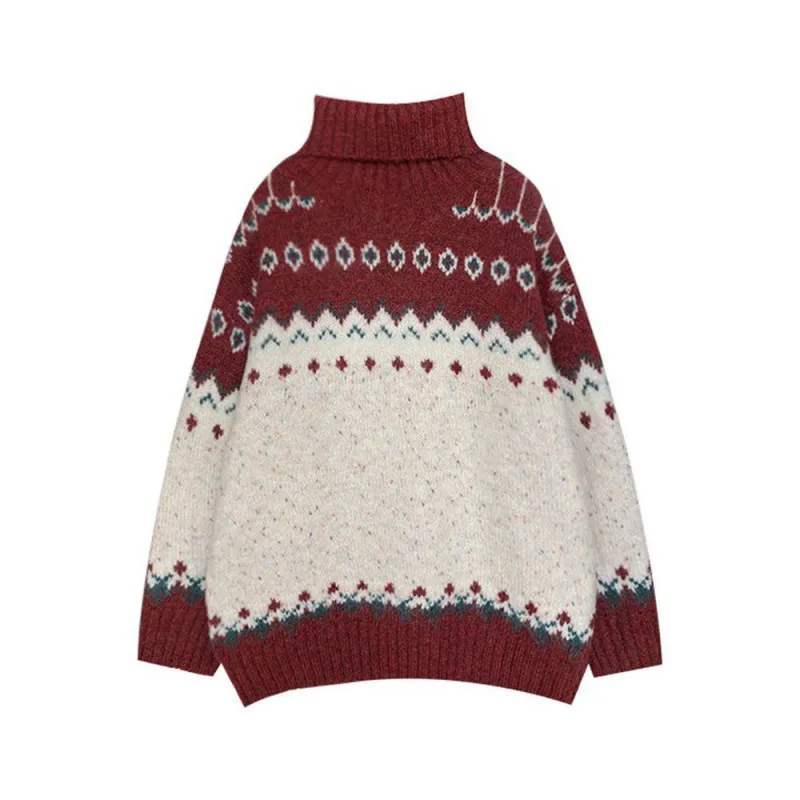 Vintage Turtleneck Pullover Long Sleeve Jacquard Sweater