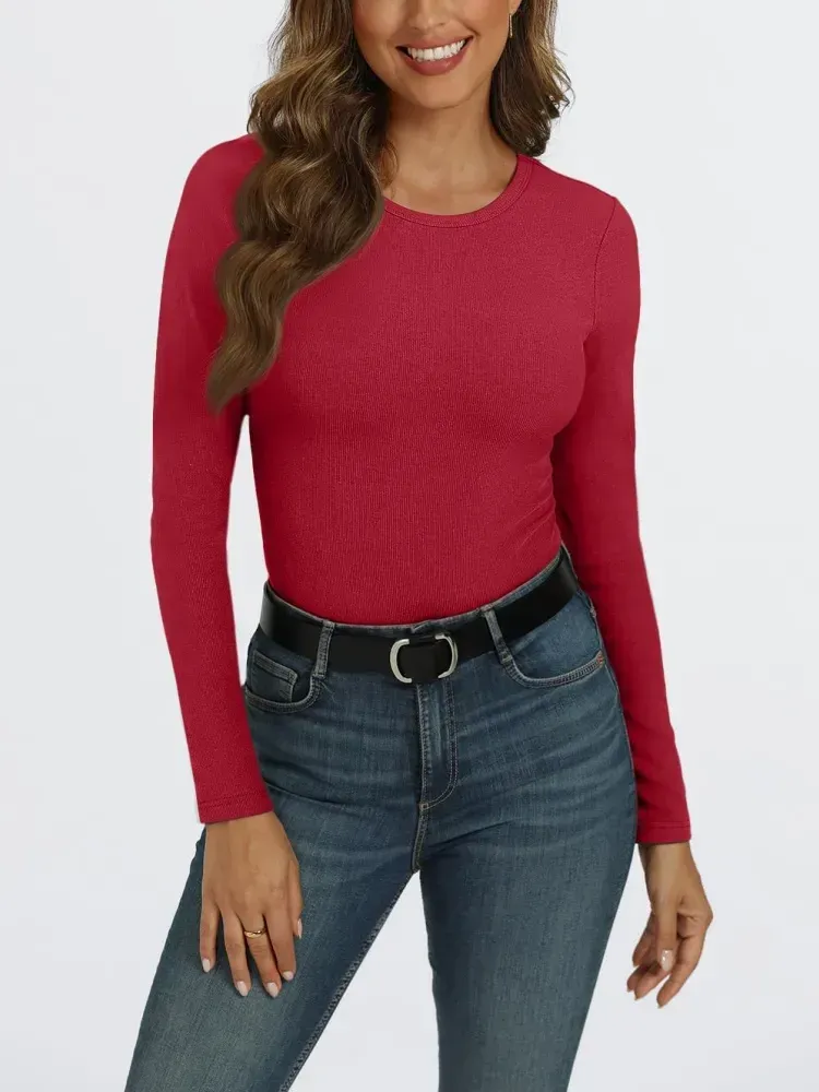 Women's Long Sleeve Stretch Slim Round Neck Ribbed Basic Shirts