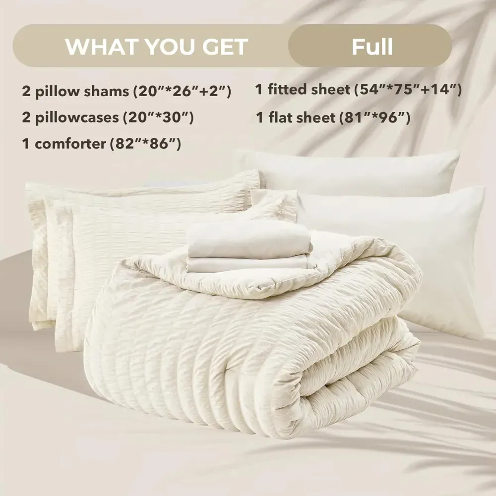 Queen Comforter Set Seersucker 7 Pieces, All Season Luxury Bed in a Bag for Bedroom, Bedding Set with Comforters, Sheets, Pillowcases & Shams, Dark Grey