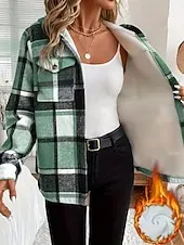 Women's Sherpa Jacket Comfortable Breathable Pocket Print Casual Plaid Vacation Street Daily Wear Going out Single Breasted Regular Hoodie Regular Fit Long Sleeve Outerwear Red Green Khaki Spring Fall