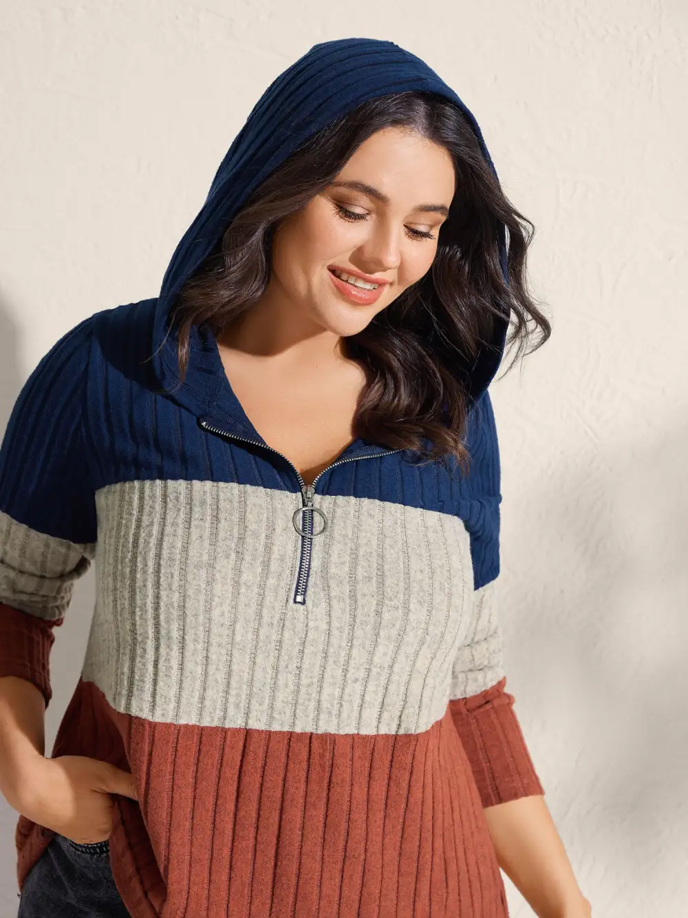 Color Block Half Zipper Ribbed Hoodie