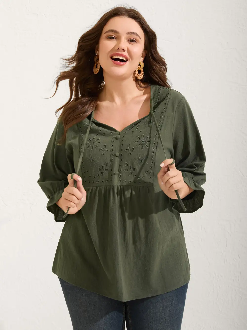 Broderie Anglaise Tie Knot Lantern Sleeve Blouse