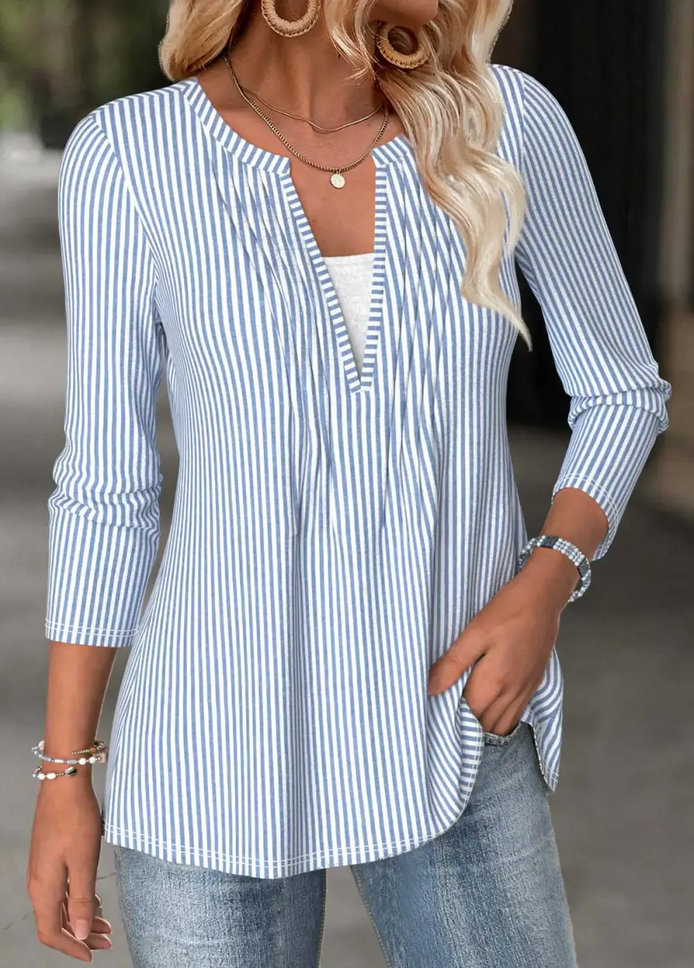 Light Blue Fake 2in1 Striped Long Sleeve T Shirt