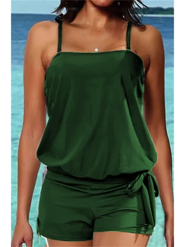 Women's Swimwear Tankini 2 Piece Normal Swimsuit 2 Piece High Waist Open Back Pure Color Green Black Blue Purple Dusty Blue Camisole Padded Strap Bathing Suits New Vacation Holiday / Modern
