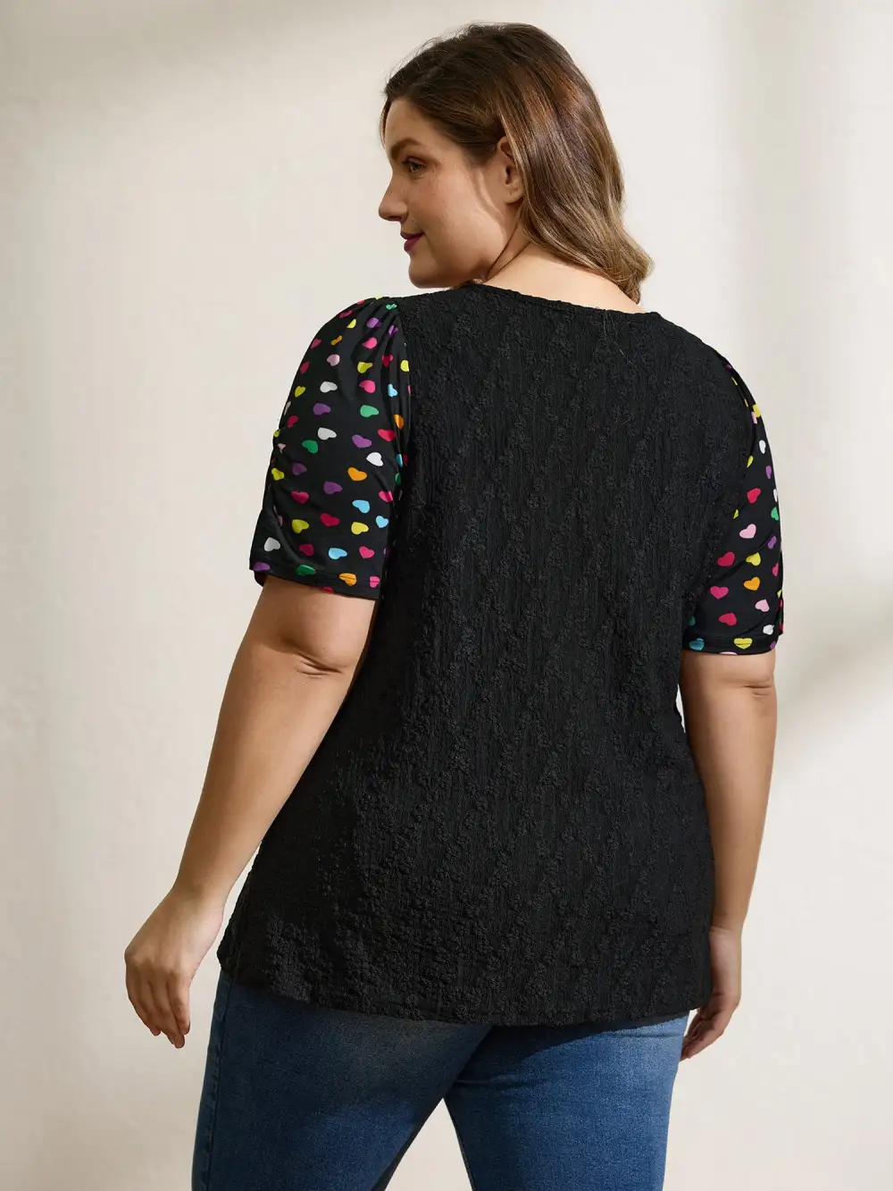 Colorful Hearts Textured Split Neck Knit Top