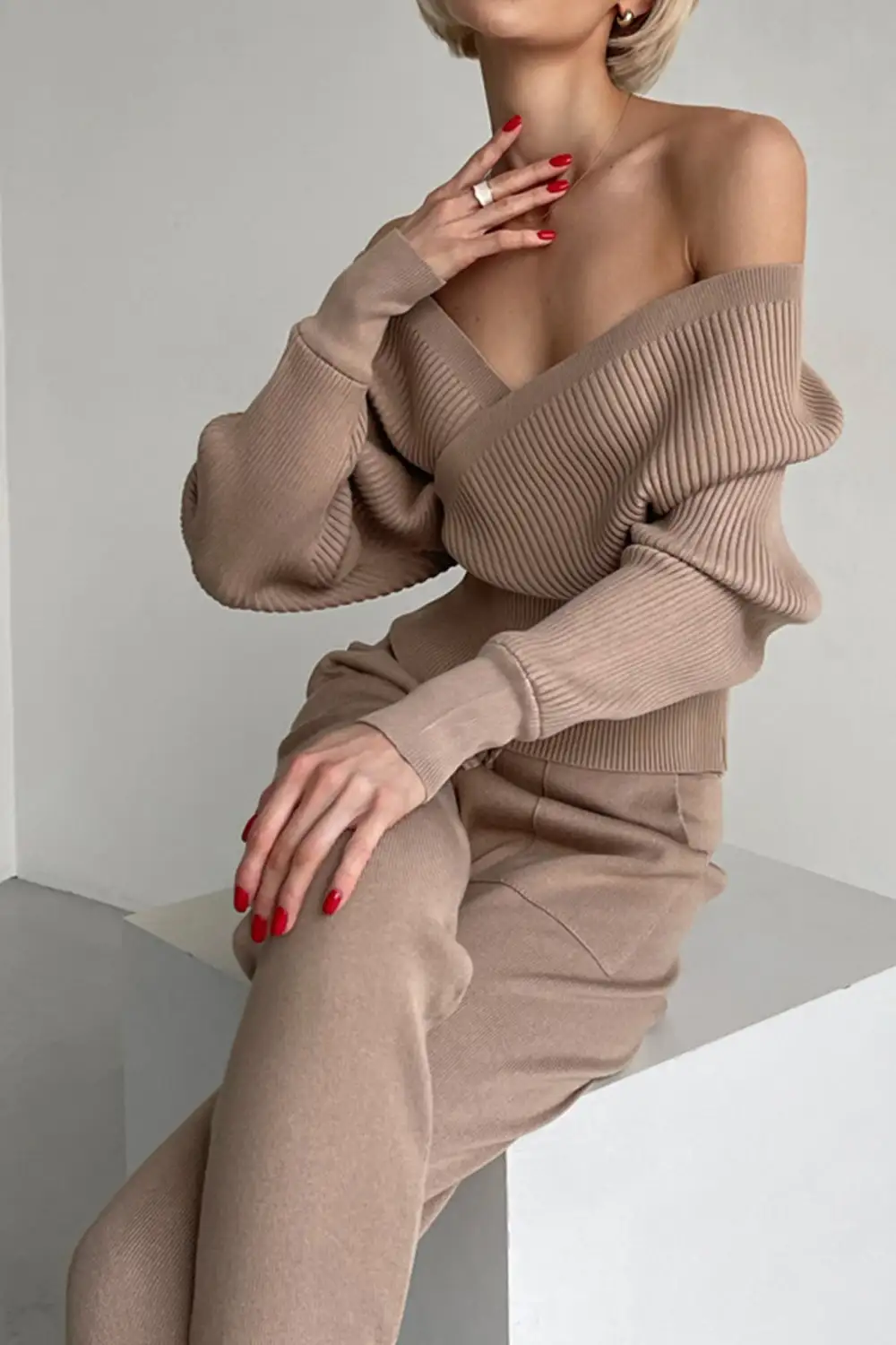 Dolman Sleeves Off Shoulder Ribbed Knit Sweater Pants Suits