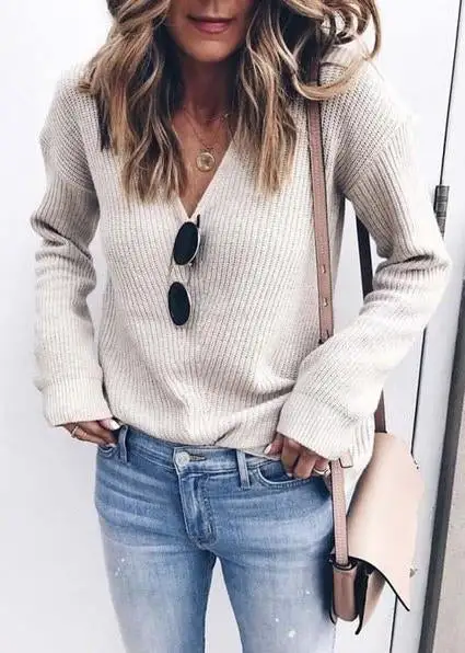 V-neck Solid Long Sleeve Sweater