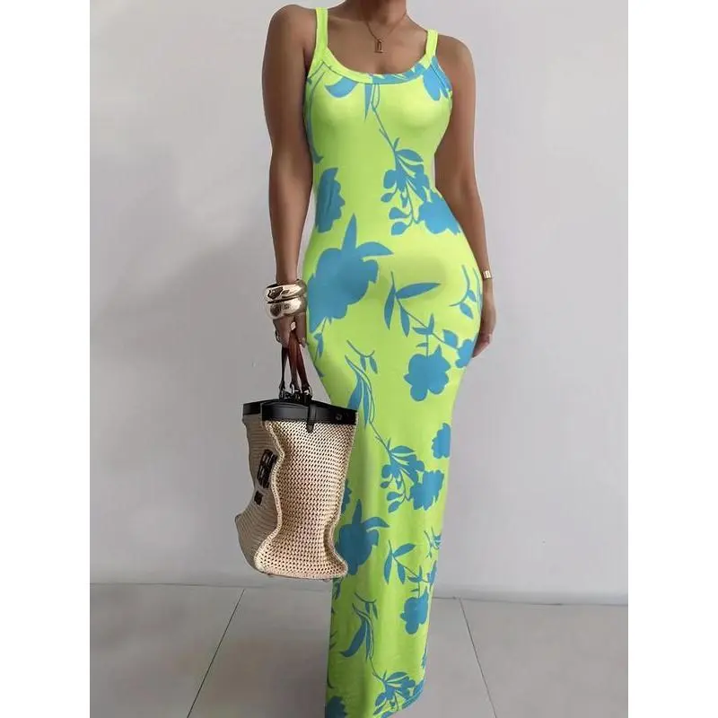 Women's Sleeveless Bodycon Maxi Dress – Printed Summer Beachwear