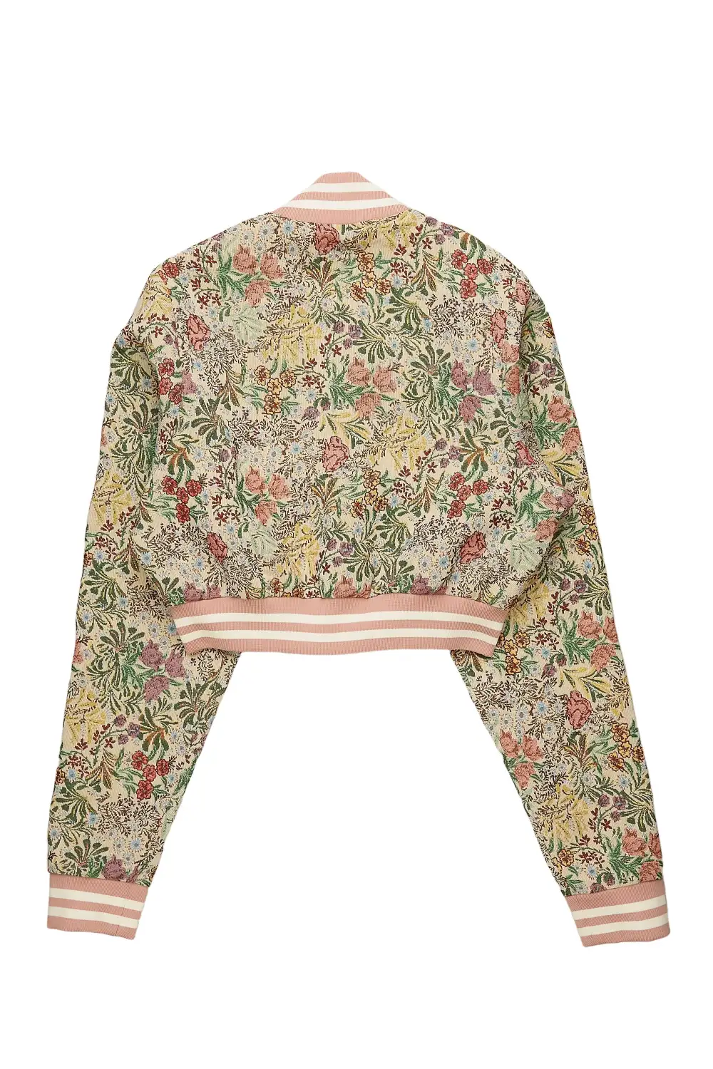 Tamia Beige Crop Tapestry Varsity Jacket