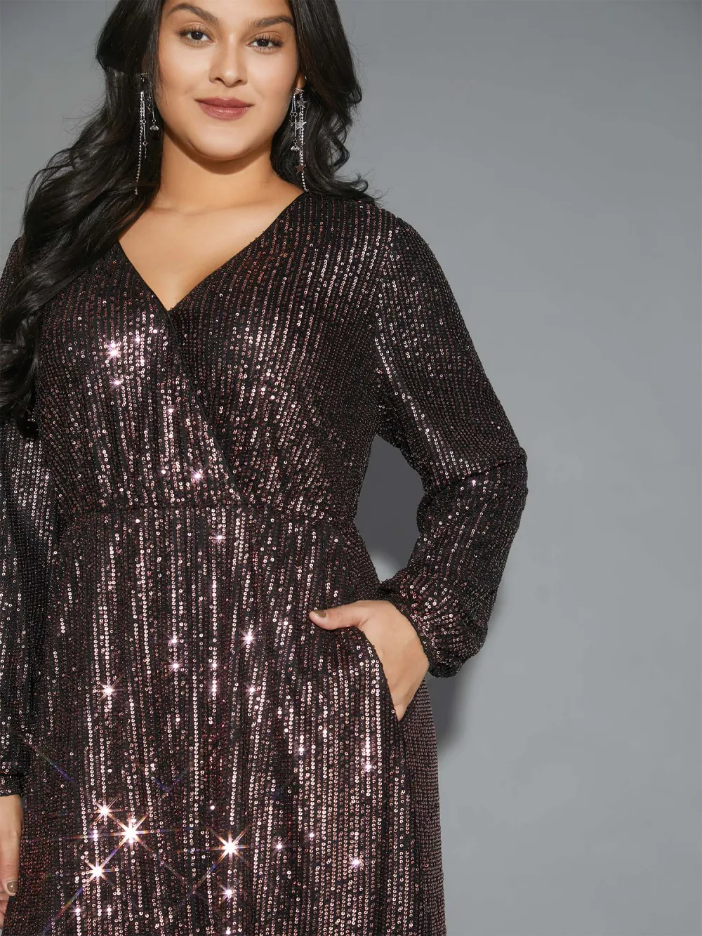 Solid Pocket Lantern Sleeve Wrap Sequin Dress