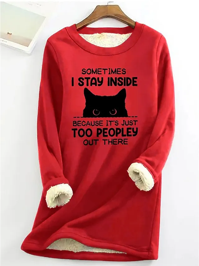 Women's Sweatshirt Pullover Fleece Lined Cat Letter Teddy Fuzzy Black Yellow Pink Street Casual Round Neck Long Sleeve Top Micro-elastic Fall & Winter