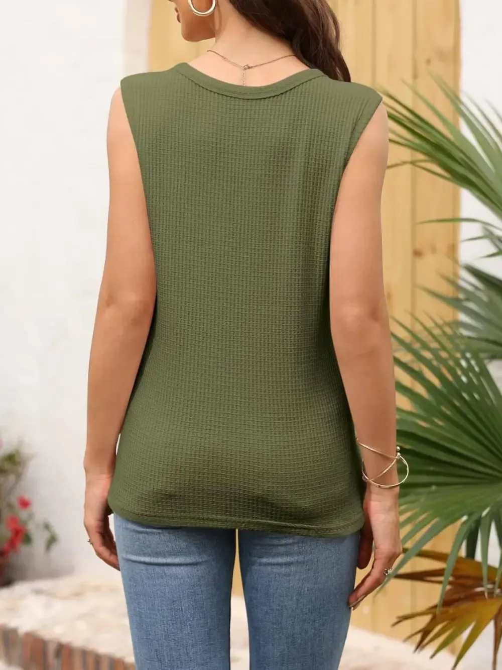 ✨Womens V Neck Waffle Knit Summer Casual Sleeveless Loose Tank Tops