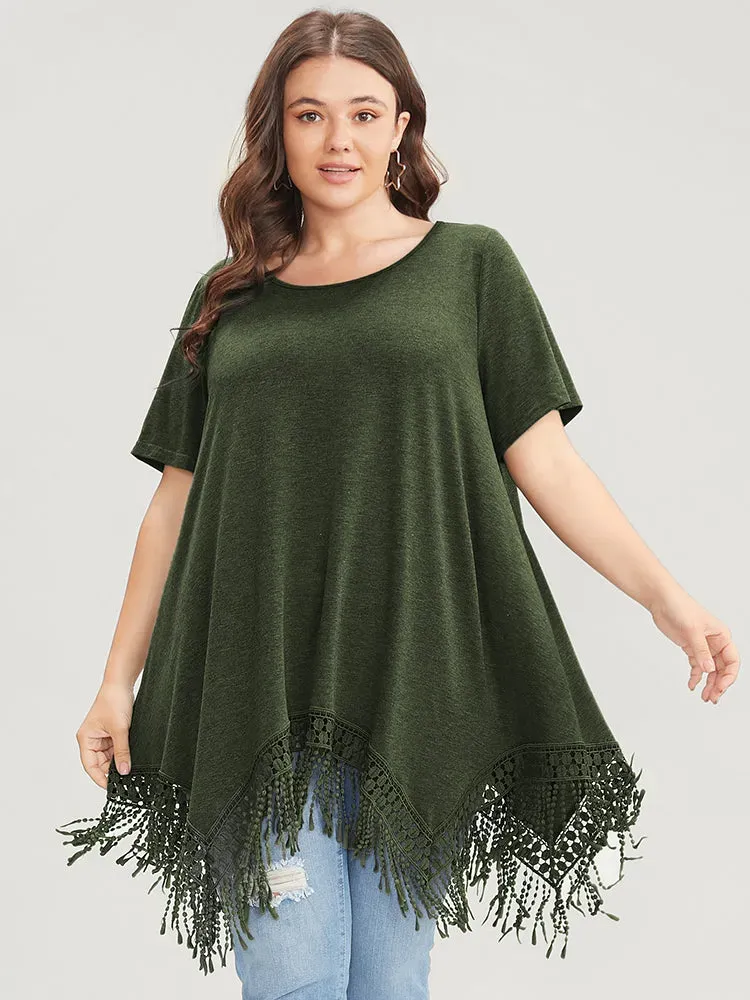 Solid Round Neck Lace Fringe Hem T-shirt